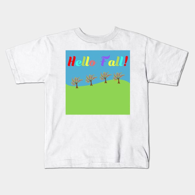 Hello Fall with a landscape of trees and sky Kids T-Shirt by ikshvaku